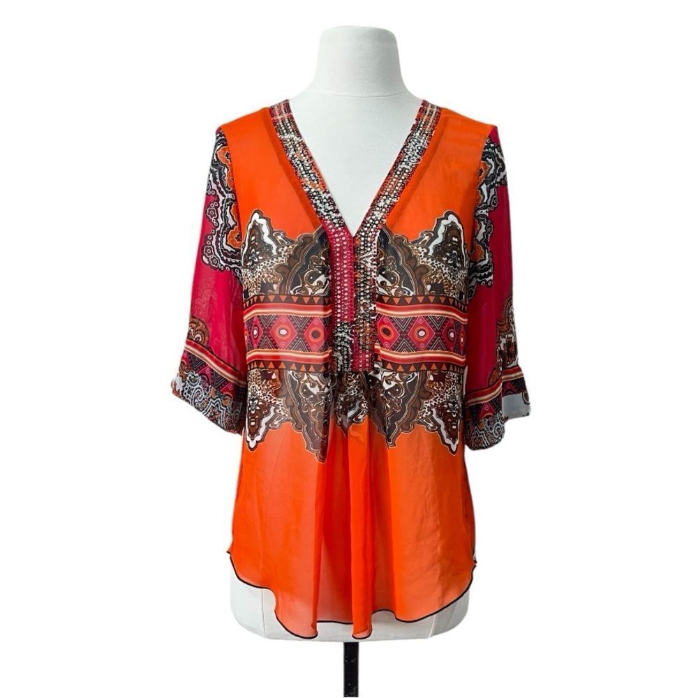 Joseph Ribkoff Colorful Sheer Blouse with Multicolored Rhinestones Size 6 - Picture 14 of 15